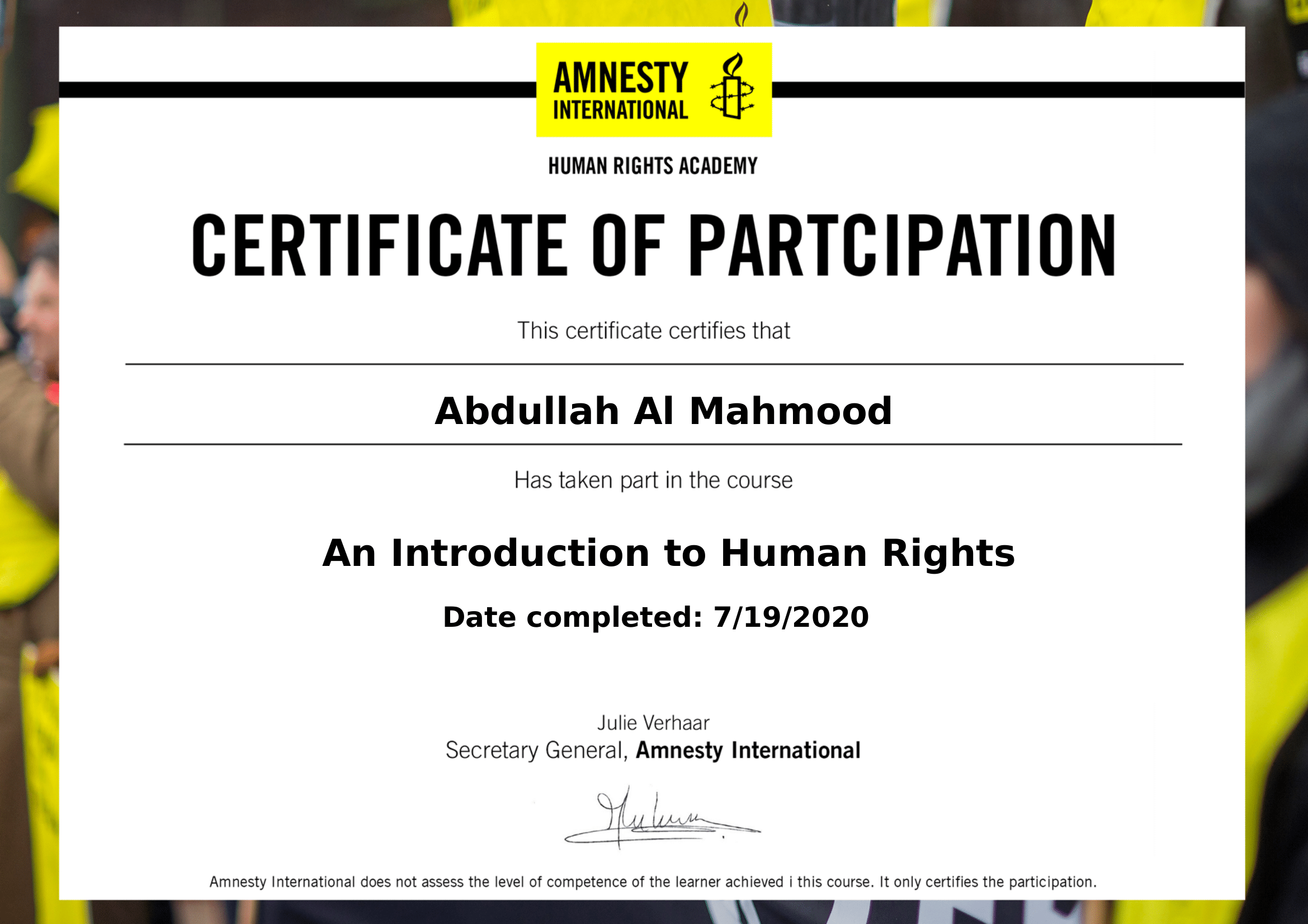 AMNESTY INTERNATIONAL- AN INTRODUCTION TO HUMAN RIGHTS 115 53 147564 1595099058 Certificate of Participation-1.png