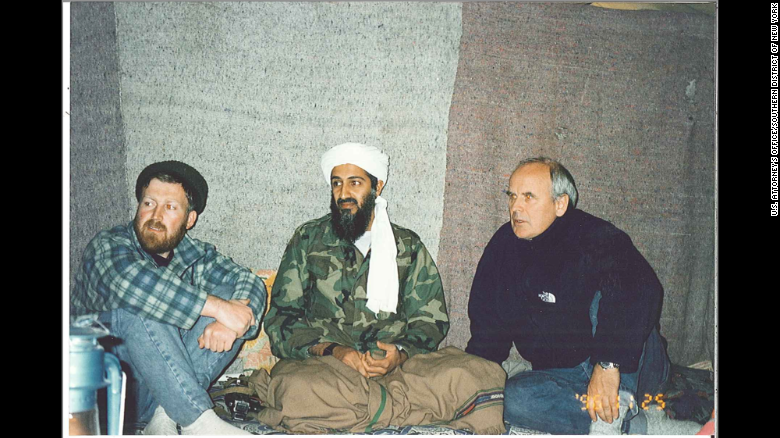From left, inside Osama bin Laden's Tora Bora cave, are Abu Musab al-Suri, bin Laden and British documentary maker Gwynne Roberts.png