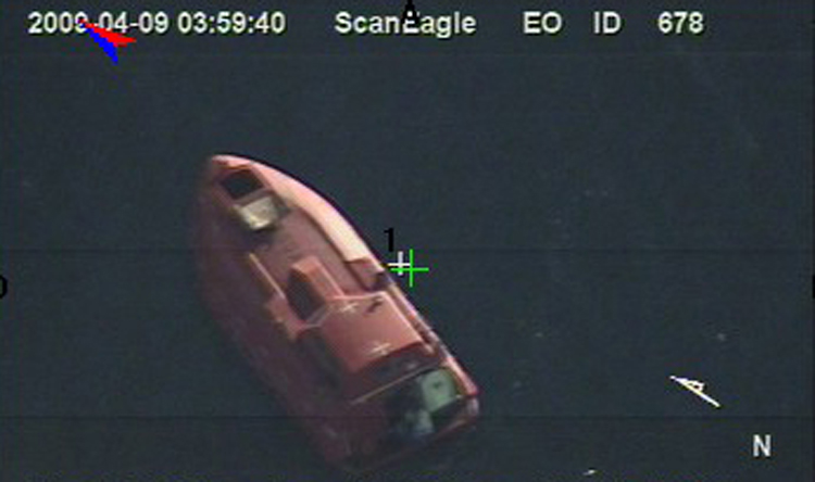The 28 foot lifeboat where Captain Richard Phillips and the 4 Somali pirates were held up as seen from a US Navy ScanEagle UAV.