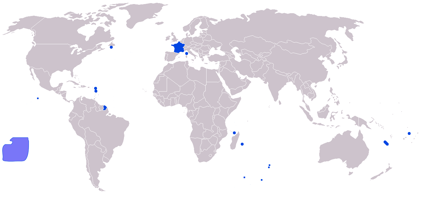 Territory of the French Republic in the world(excl. Antarctica where sovereignty is suspended)