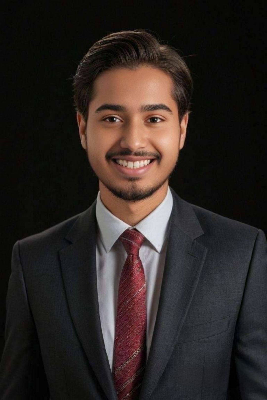 Ahsan Habib Muaz smiles confidently, wearing a black suit with a crisp white shirt and a red tie.